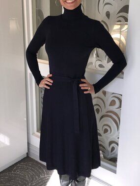 Vince Camuto Navy Blue Turtleneck Belted Sweater Dress - EUC- XS-S
